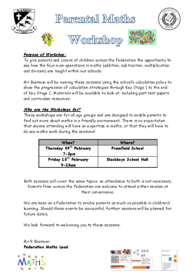 Maths Workshops on 9th & 10th Feb