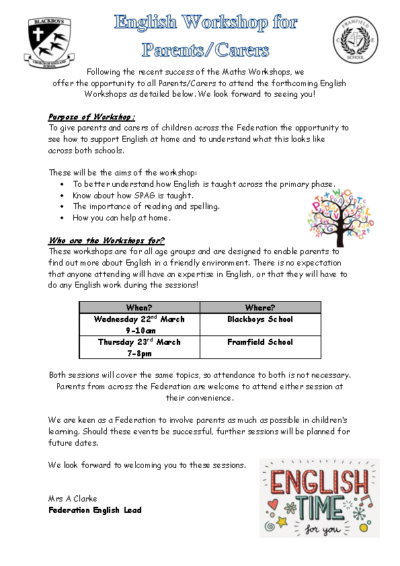 English Workshops 22nd & 23rd March