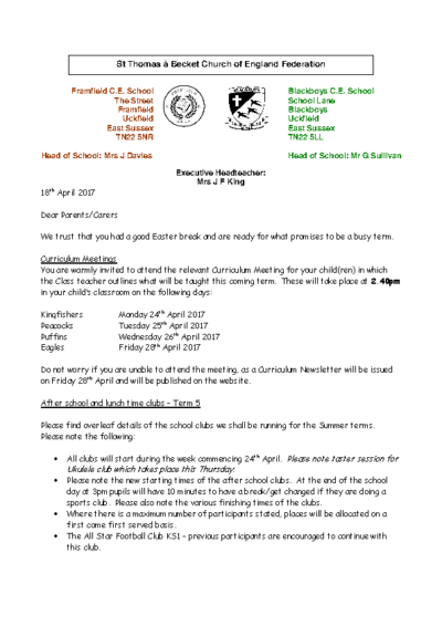 Curriculum Meetings & Clubs for Term 5