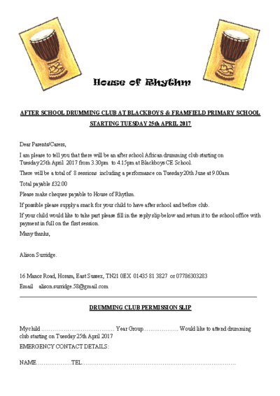 After School Drumming Club Starting 25th April