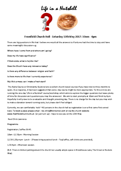 Life in a Nutshell – Framfield Church Hall – 13th May