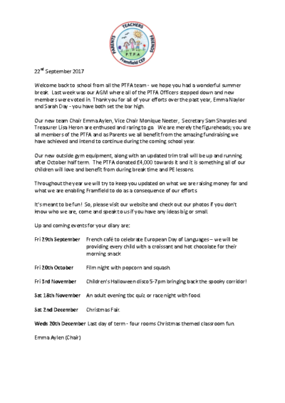 PTFA News 22/09/2017