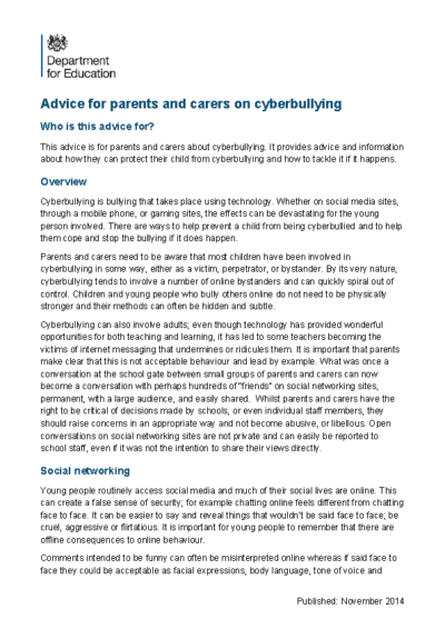 Advice for Parents & Carers on Cyberbullying