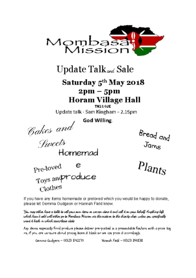 Mombasa Mission Update Talk & Cake Sale on 5th May