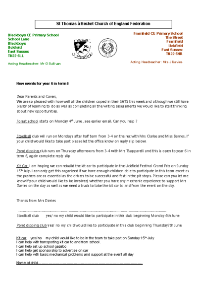 New Events for Year 6 in Term 6