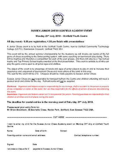 Sussex Junior Chess Event at Uckfield Academy – Entry Form