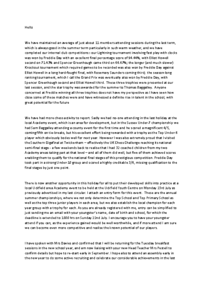 Chess Letter from Brian Stockham