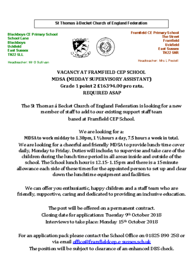 MDSA Required (closing date 9th October)