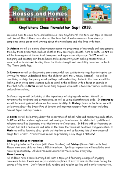 Kingfishers Autumn Term Newsletter – Houses & Homes
