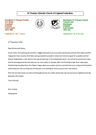 Letter to all parents regarding Mrs Clarke