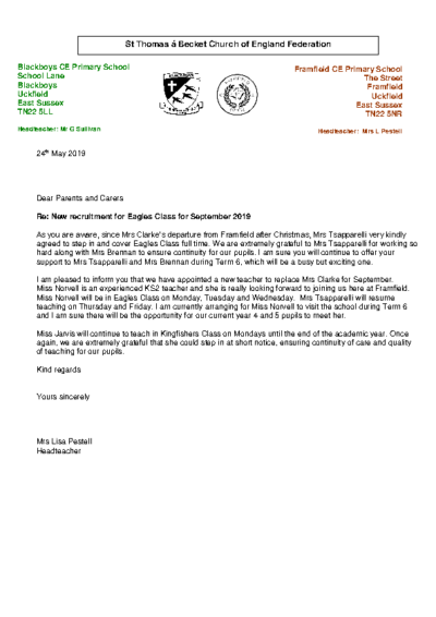 Appointment of Eagles Class Teacher for September 2019
