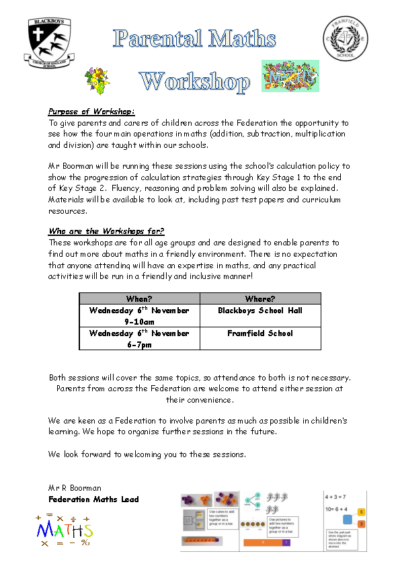 Parental Maths Workshops on 6th Nov