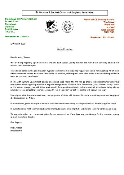 Covid19 Letter to Parents