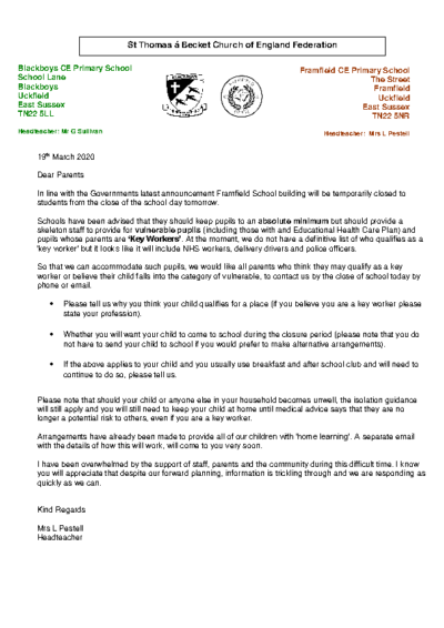 Letter to Parents About Key Workers
