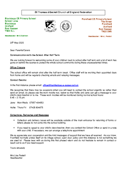 Communication with the School After Half Term