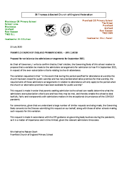 Proposal for Variation to the Admissions Arrangements for September 2021