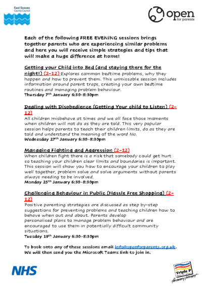 Open for Parents Free Evening Sessions