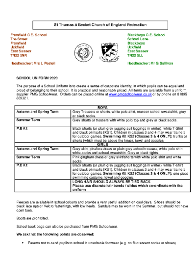 School Uniform List June 2020