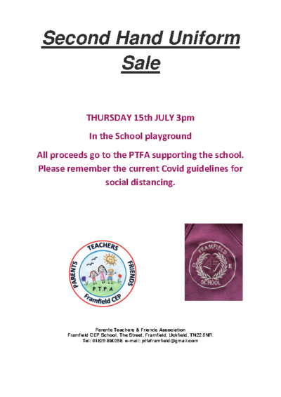Second Hand Uniform Sale on 15th July