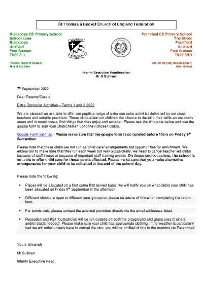 Extra Curricular Activities – Terms 1 & 2 2022-23