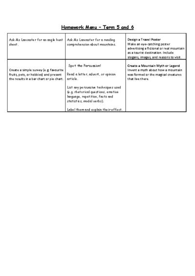 Eagles Term 5/6 Home Learning Menu