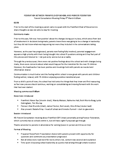 Parent Consultation Meeting Notes 6th March
